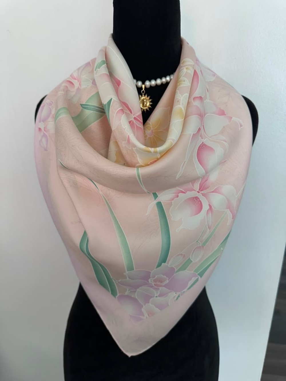 Leonardo Paris Silk Scarf Pink Beige Hand Rolled Made in France